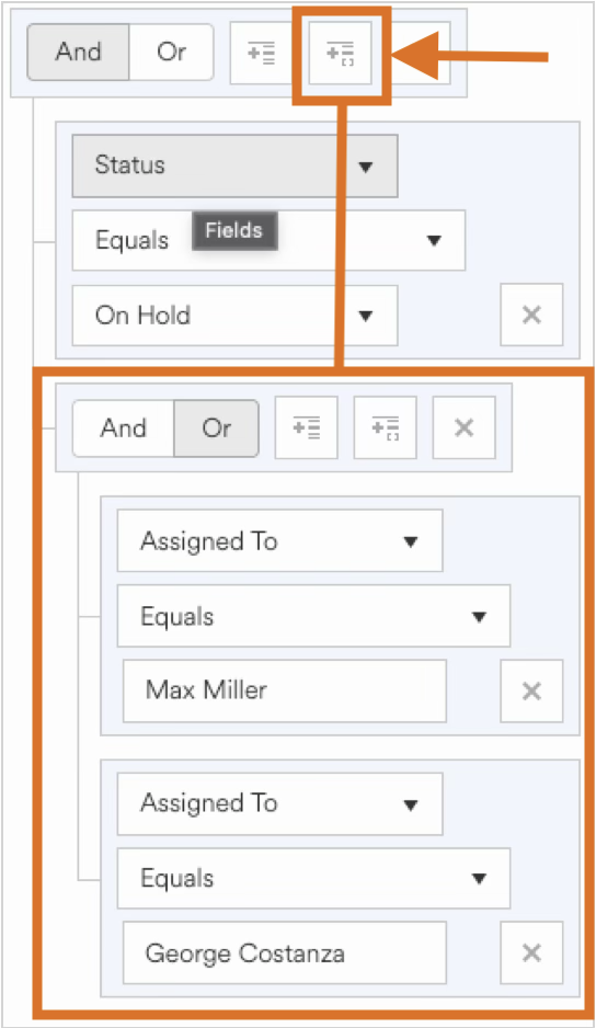 Filter options for task assignments, including status and assigned individuals.